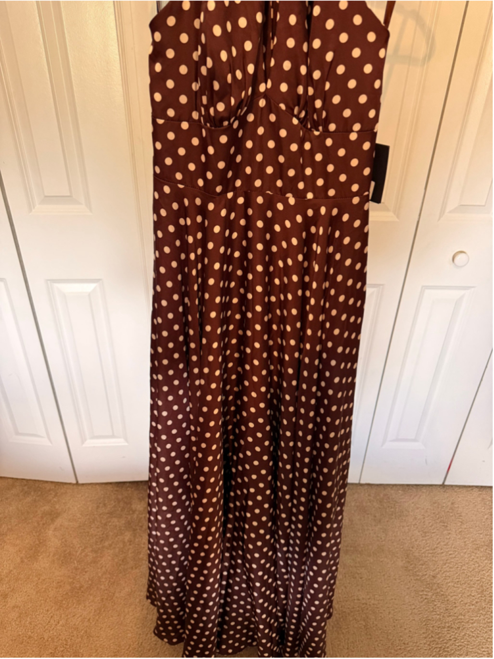 Women's Mac Duggal Polka Dot Halter Maxi Dress Brown White Size 4 - Picture 6 of 13